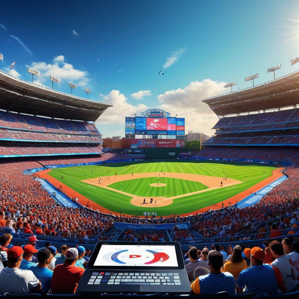 A visually engaging baseball field showcasing players in action, with overlaid graphics of various baseball metrics like batting averages, on-base percentages, and pitch speed. Include a diverse group of fans enthusiastically analyzing the stats on tablets and screens, creating an atmosphere of excitement and learning. The background could feature a stadium filled with cheering fans under a bright blue sky. vibrant colors. 3D. dynamic infographic elements.