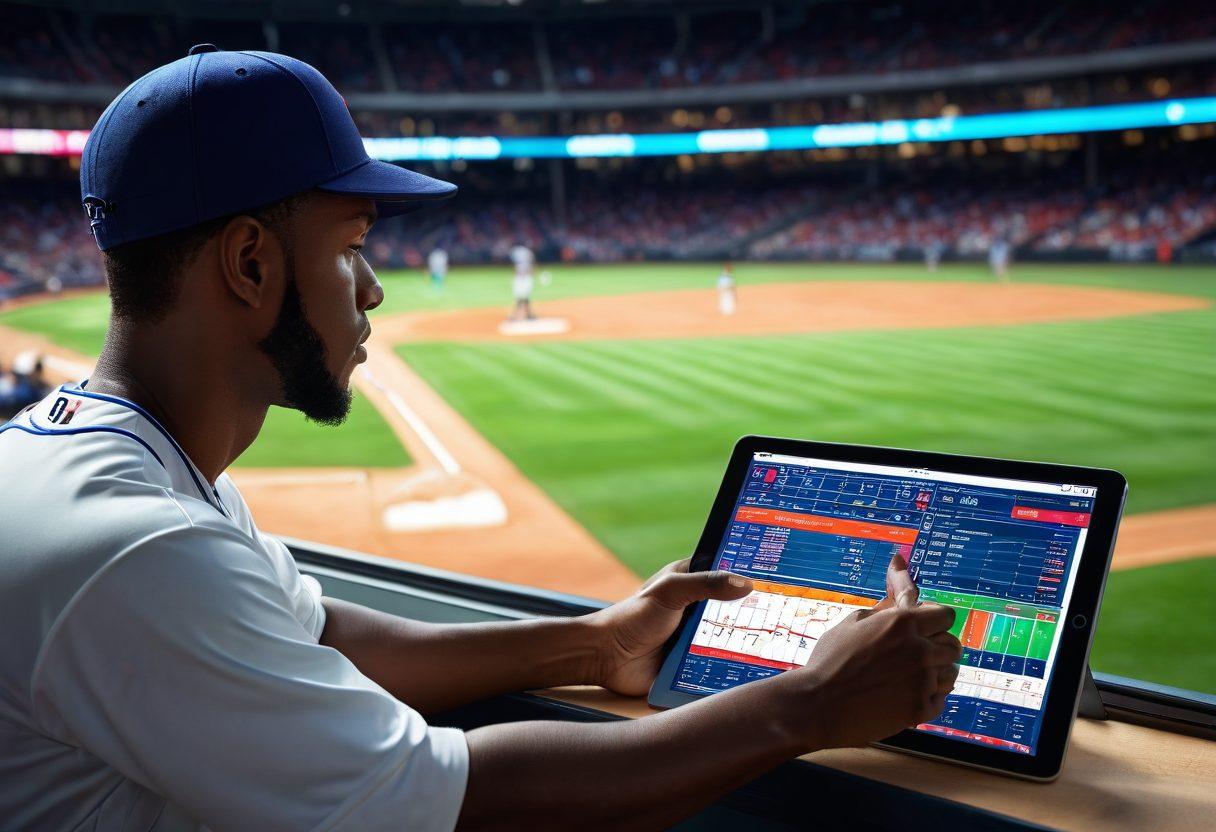 A dynamic baseball scene showcasing a player analyzing statistics on a digital tablet amidst a vibrant stadium backdrop. Include various colorful infographics representing baseball metrics like batting averages, strikeouts, and player heat maps floating around him. Emphasize a thoughtful expression to highlight the strategic aspect of using stats in baseball. super-realistic. vibrant colors. 3D.