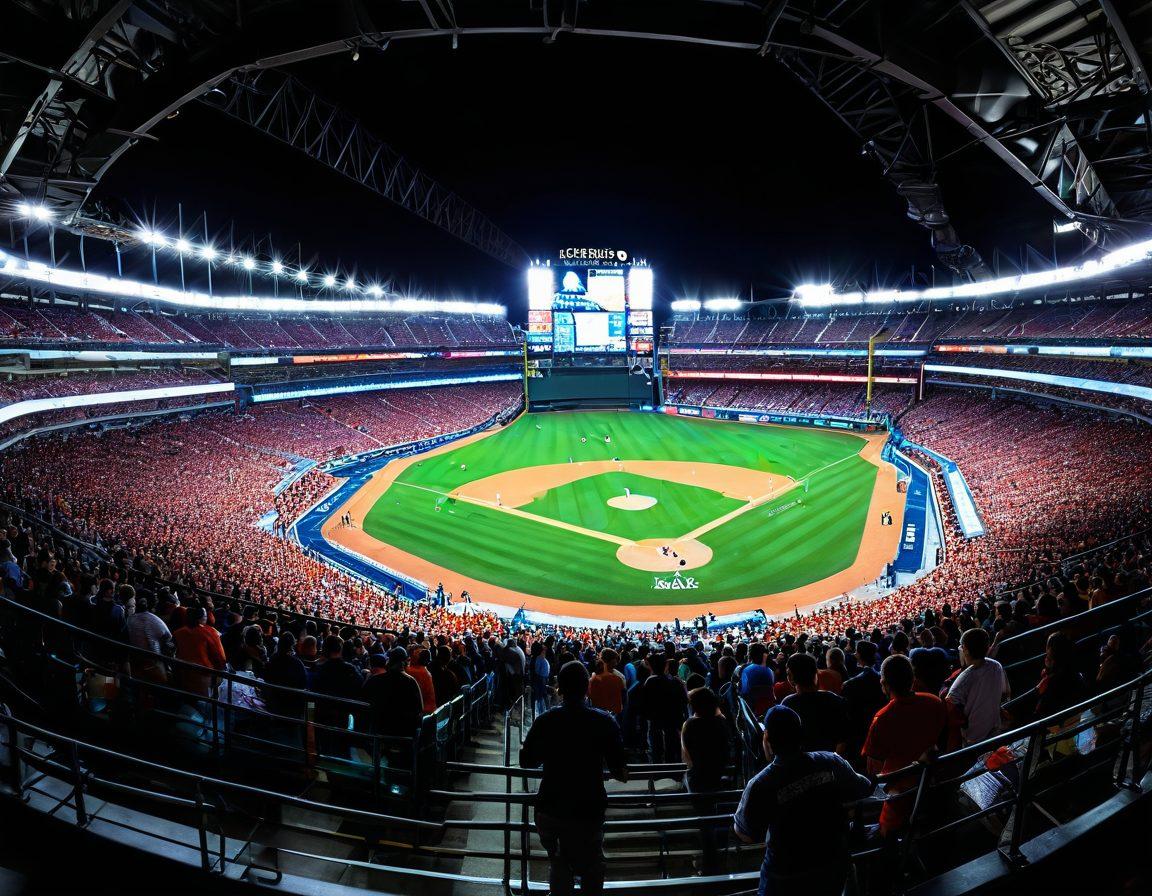 A vibrant baseball stadium filled with enthusiastic fans, with a focus on a large digital scoreboard displaying various metrics and statistics. Include analytical graphs and charts overlaying the scene, showcasing the sport's data-driven aspect. Capture the excitement of the game with colorful banners and cheering crowds. super-realistic. vibrant colors. dynamic composition.